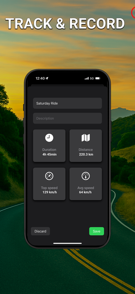 Stegra app screen showing motorcycle ride statistics including duration distance and speed