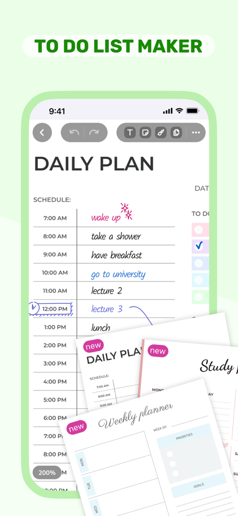 スマートフォンの画面に、日々の計画スケジュールと、学習と整理のためのさまざまなデジタルプランナーテンプレートが表示されています