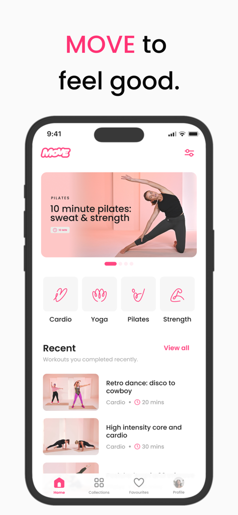 Screenshot della schermata principale dell'app MOVE con un allenamento di pilates da 10 minuti e categorie per yoga e cardio