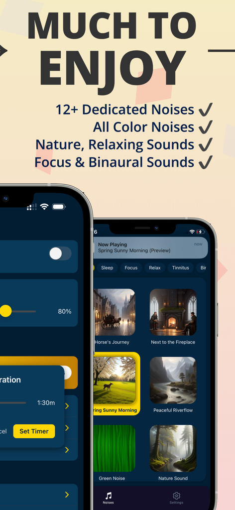 Brown Noise for Sleep: Gamma - App interface showing nature sounds and color noises for sleep and focus