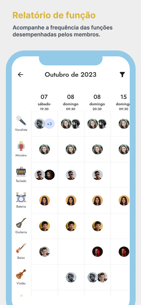 LouveApp - Interface móvel do LouveApp mostrando a escala da equipe de louvor da igreja com avatares de membros atribuídos a funções como vocalista, teclado e guitarra