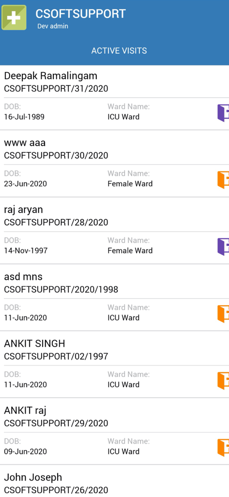 HealthScore - List of active patient visits and ward names in the HealthScore EMR app