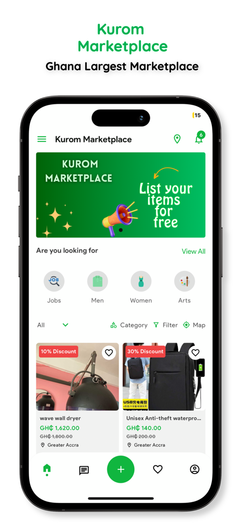 Kurom - Kurom Marketplace mobile app interface displaying local product listings and shopping categories in Ghana