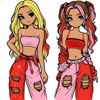 2 girls in crop tops and baggy jeans ripped