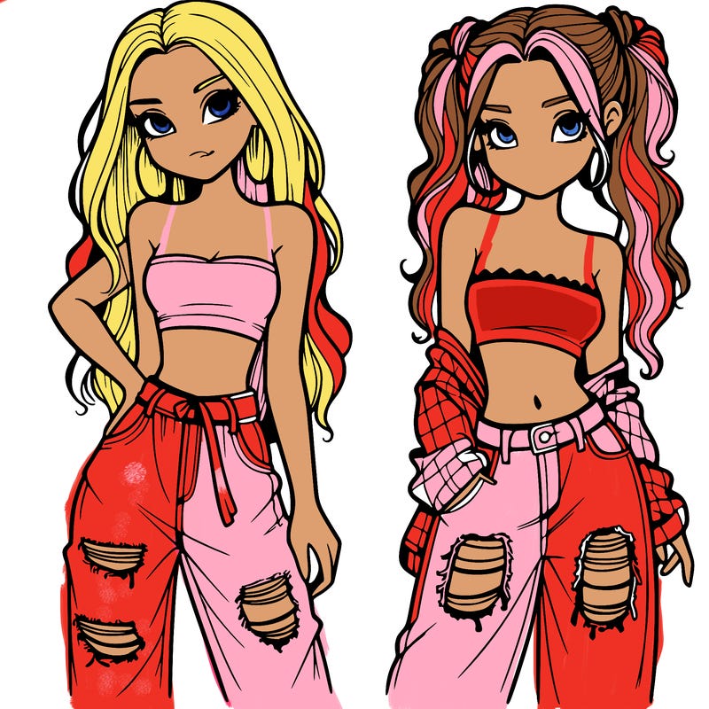 2 girls in crop tops and baggy jeans ripped