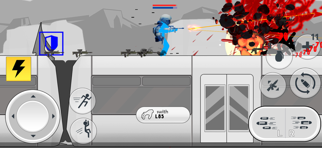 Stick Warfare Battle Strike - Action gameplay of a stickman soldier fighting on a train with explosions and weapons in Stick Warfare Battle Strike