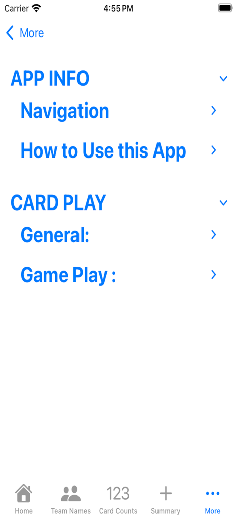 Super Samba Scoring - Pantalla del menú de información y reglas de juego de cartas de la aplicación Super Samba Scoring