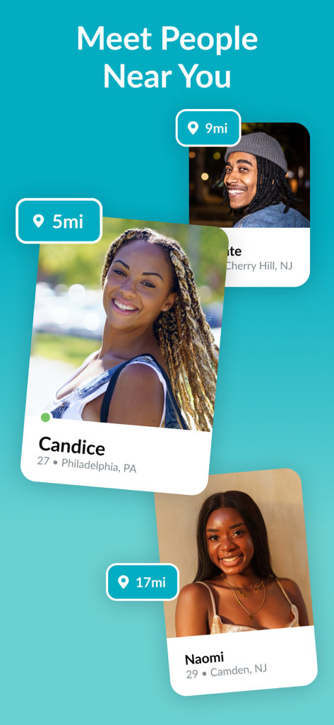 Pantalla de la aplicación Tagged Dating que muestra los perfiles de usuarios cercanos con su distancia
