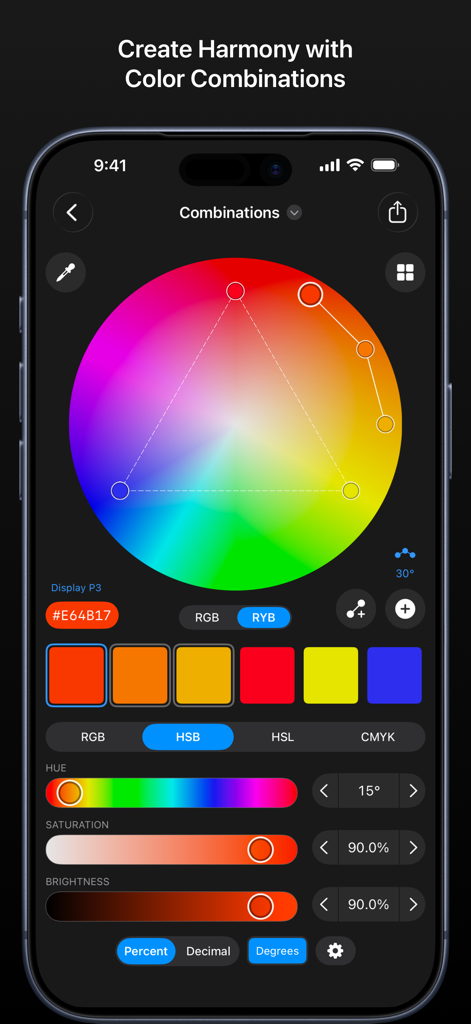 Colorlogix - Color Design Tool - Interfaz de la aplicación Colorlogix con una rueda de color interactiva y controles deslizantes para ajustar la paleta
