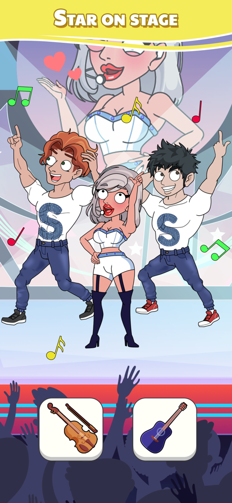 A pop star performing on stage with backup dancers and an instrument selection puzzle