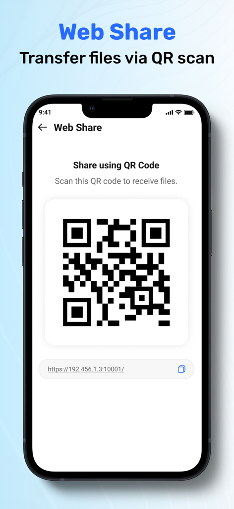ShareAll app screen showing a QR code for web file sharing and transfer