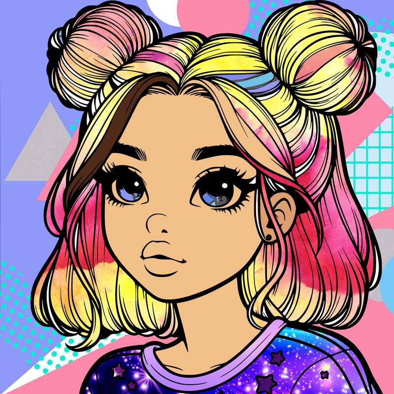 realistic girl with space buns on the side of her head