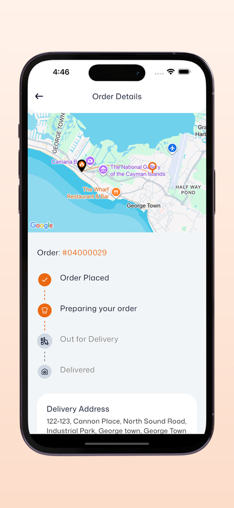 Fireaway Pizza Cayman - Fireaway Pizza Caymanアプリの注文詳細画面。配達追跡マップとステータスが表示されています
