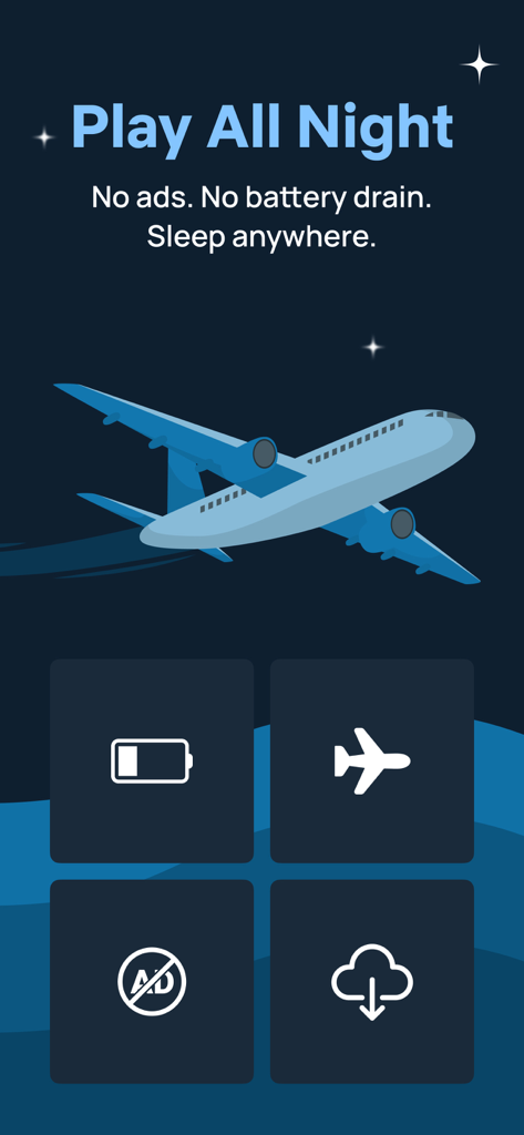 Baby Sleep White Noise Machine - A feature overview of the baby sleep app highlighting travel mode and offline playback with no ads or battery drain