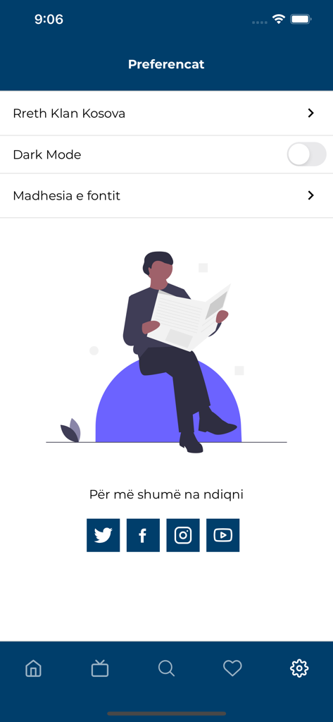 Klan Kosova - Einstellungen der Klan Kosova App mit Dunkelmodus-Umschalter und Schriftgrößenoptionen sowie Links zu sozialen Medien.