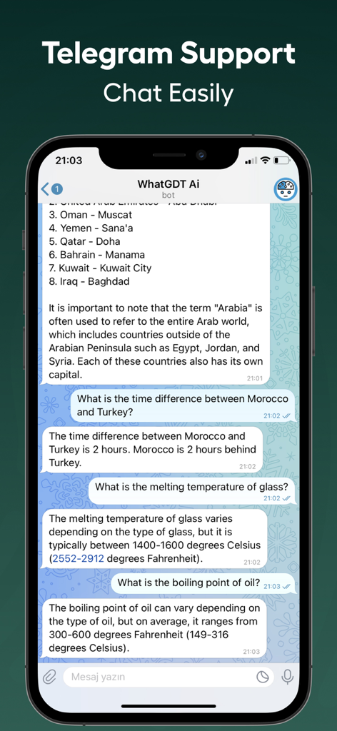 WhatGdt: Ai WA Chat Assistant - Captura de pantalla del asistente IA de WhatGdt proporcionando respuestas dentro de una ventana de chat de Telegram