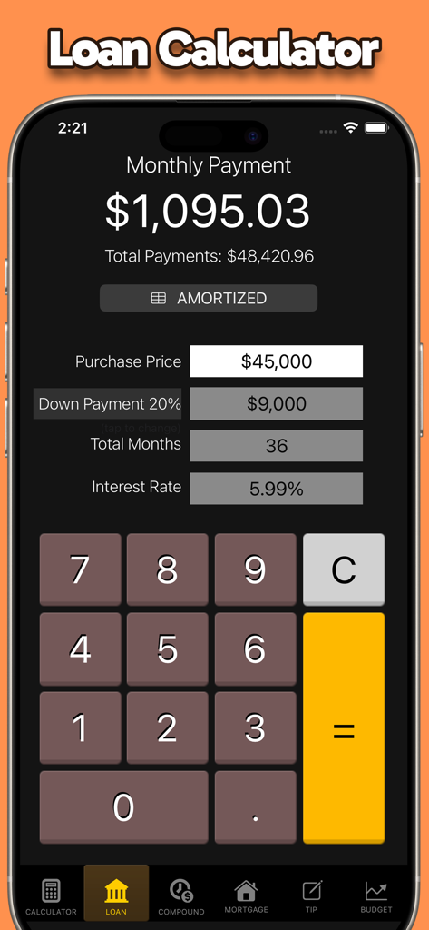 Calculator: No Ads / Ad-Free - Interfaz de la calculadora de préstamos que muestra el cálculo del pago mensual y las tasas de interés