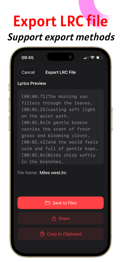 LRC Lyrics - Lyric Master Tool - Mobile screen showing options to export an LRC lyric file including save to files share and copy to clipboard