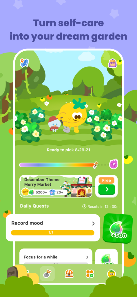 MeGrow App-Oberfläche, die einen virtuellen Garten und Gewohnheitsquests für Selbstpflege zeigt