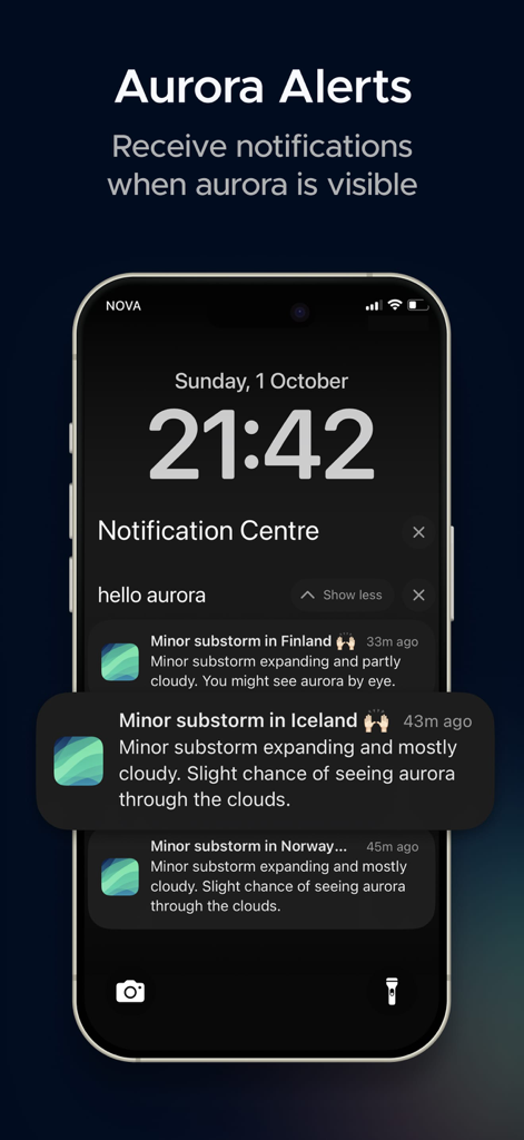 Hello Aurora - Aurora Forecast - A smartphone screen displaying real-time aurora alerts and substorm notifications from the Hello Aurora app