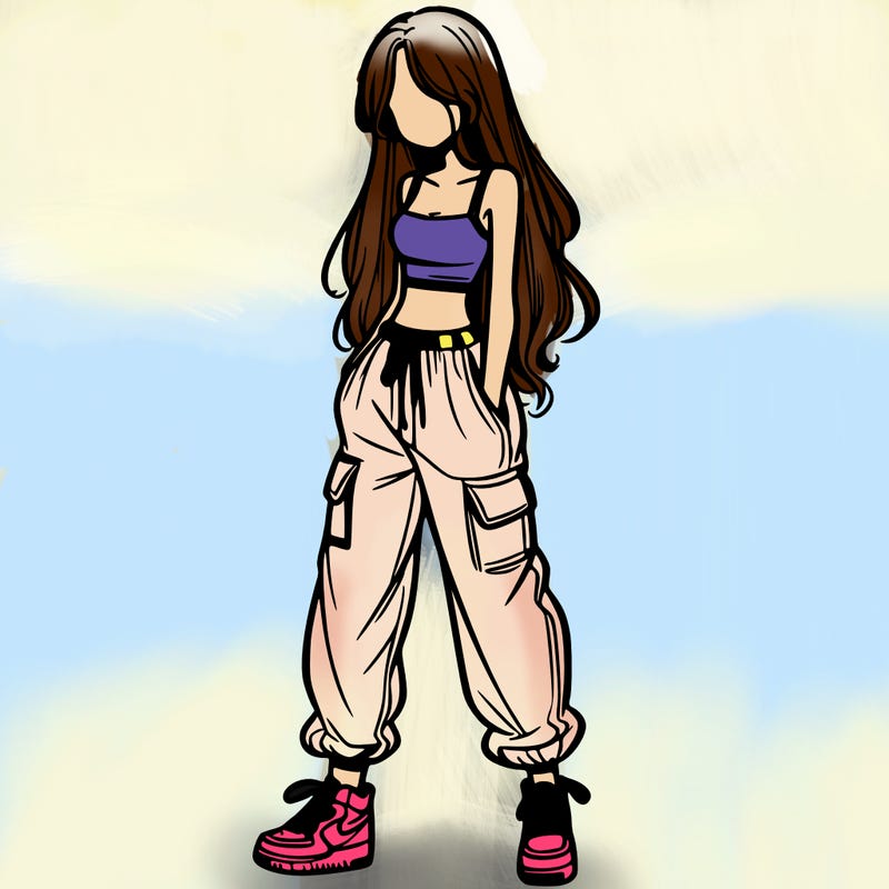 girl in baggy pants crop top and long hair