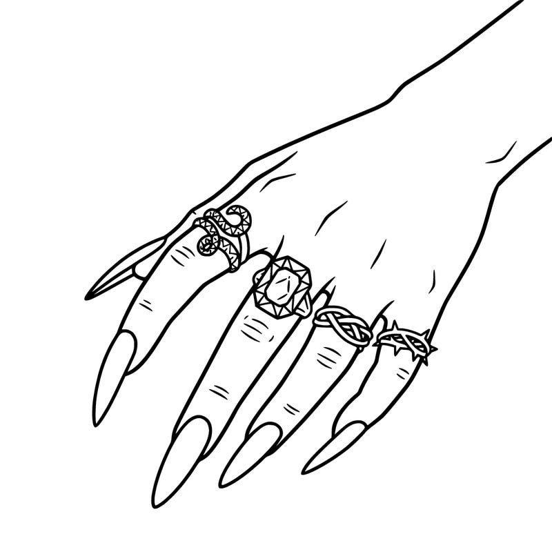 hand, with long nails, and rings