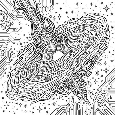 Embark on a vibrant journey through a cybernetic cosmos with this unique coloring page. Explore an active galaxy reimagined with intricate cyberpunk wires and neon-inspired circuitry, offering endless creative possibilities.