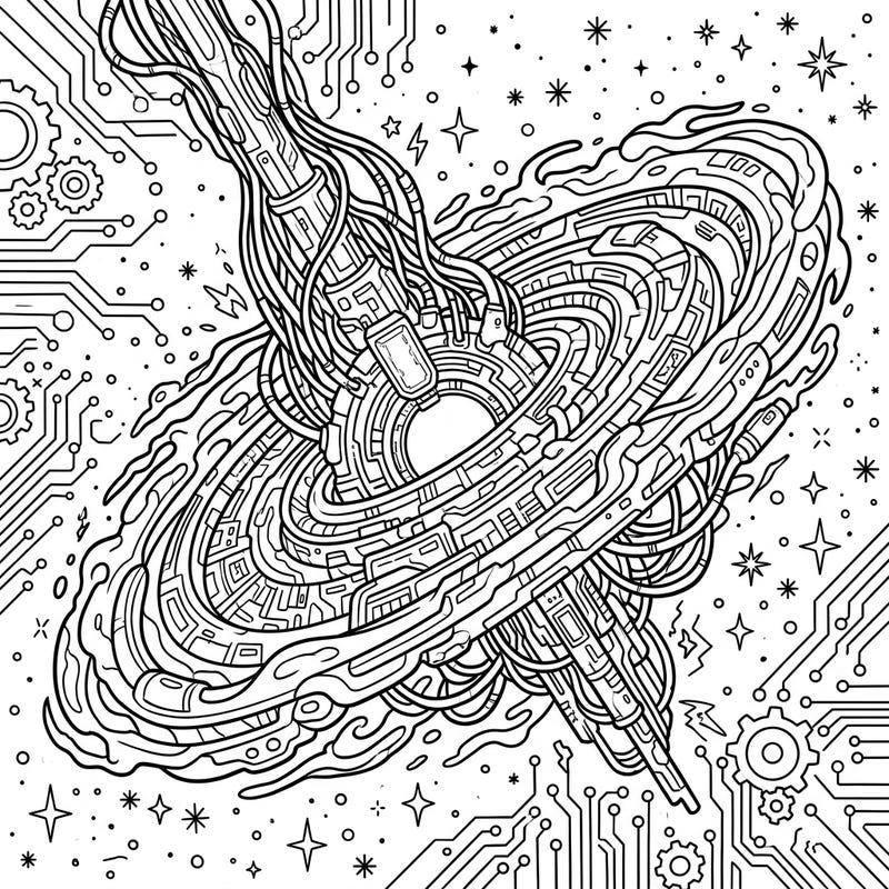 Embark on a vibrant journey through a cybernetic cosmos with this unique coloring page. Explore an active galaxy reimagined with intricate cyberpunk wires and neon-inspired circuitry, offering endless creative possibilities.