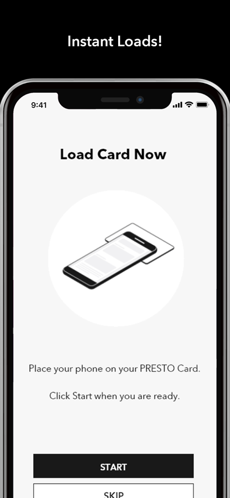 Mobile app screen showing how to load funds onto a PRESTO card using NFC by placing the phone on the card