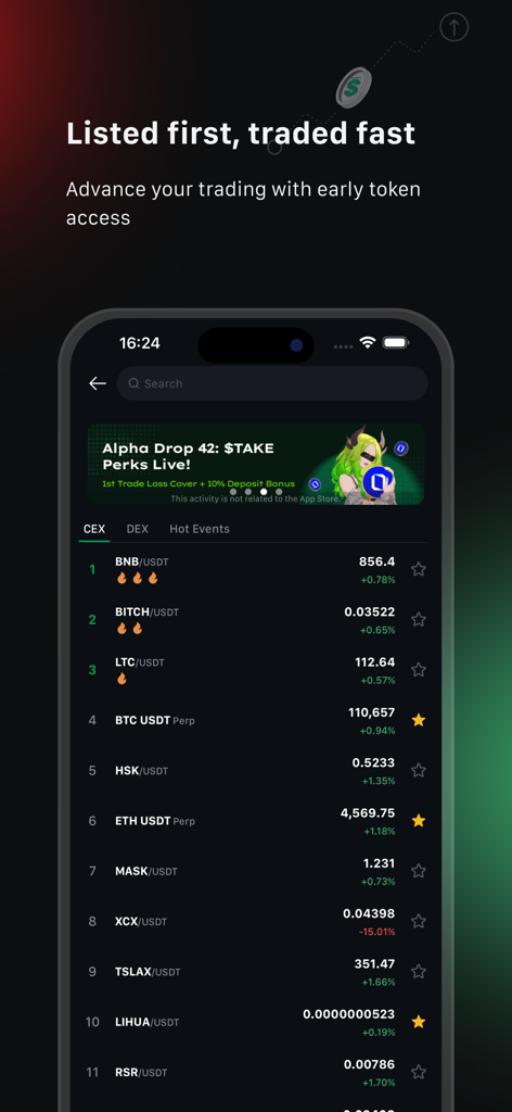Ourbit: Buy Bitcoin & Crypto - Ourbit app showing a list of crypto tokens and prices with a focus on early access trading