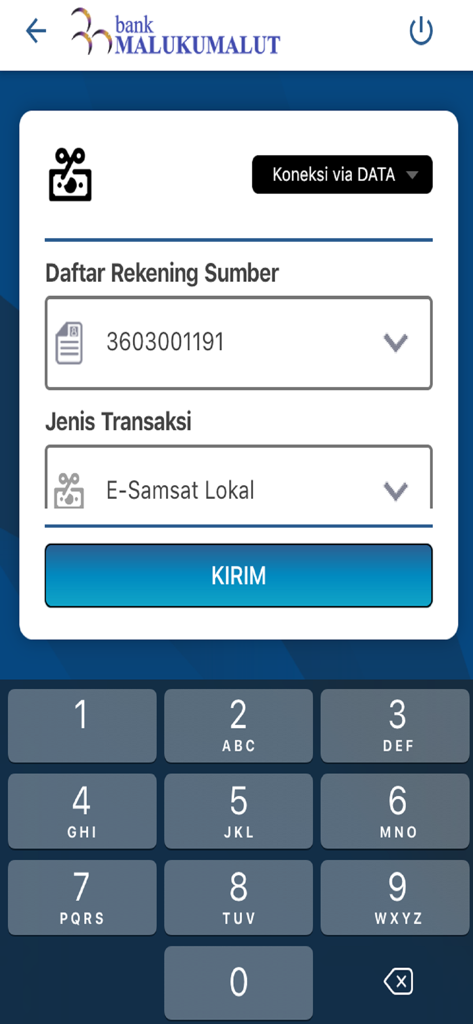 Bank Maluku Malut Mobile - Pantalla de transacción de la aplicación Bank Maluku Malut Mobile mostrando selección de cuenta y opción de pago local E-Samsat