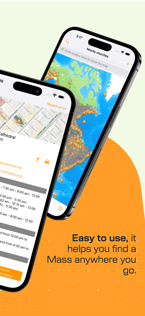 Interface of the Catholic Mass Times app showing church locations on a map and mass schedules