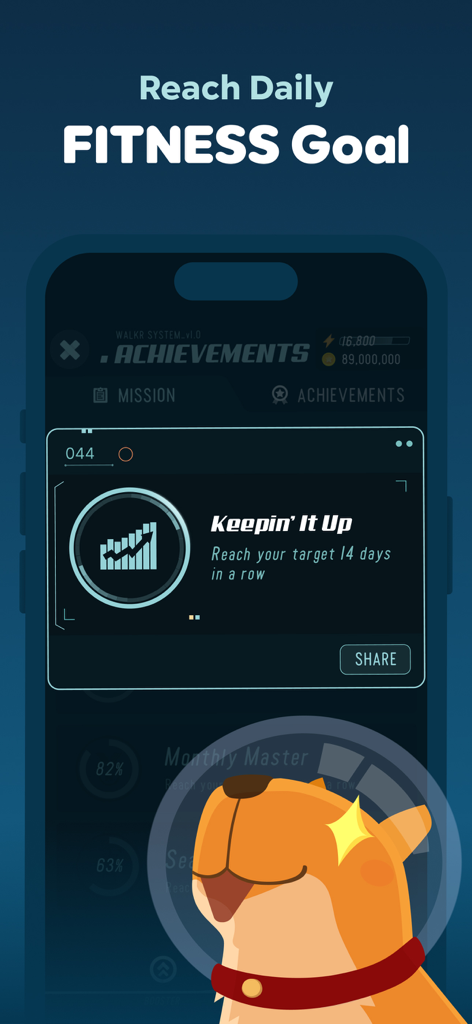 Walkr - Gamified Fitness Walk - Walkr app achievement screen showing daily fitness goals with a cute space dog mascot