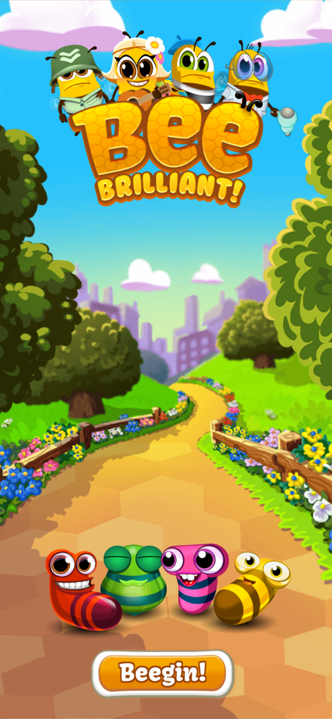 Bee Brilliant - Bee Brilliant mobile game start screen featuring colorful cartoon bees and a path through a sunny park