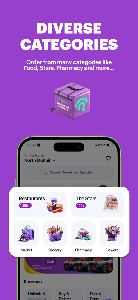 Une capture d'écran de l'application Rafeeq montrant diverses catégories de services, notamment les restaurants, les influenceurs, le marché, l'épicerie, la pharmacie et les fleurs.