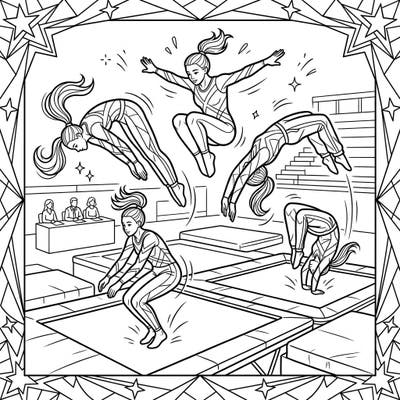 Get ready for an energetic coloring adventure with our Trampoline Gymnasts page! Watch as these athletes soar through the air, perfect for kids who love action and sports.