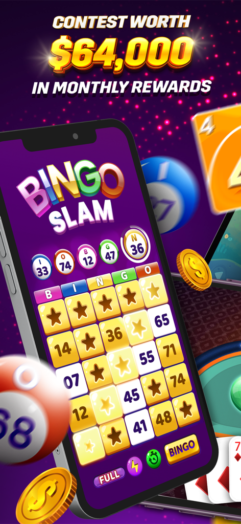 Mobile phone screen displaying Bingo Slam game with a sixty-four thousand dollar monthly rewards contest.