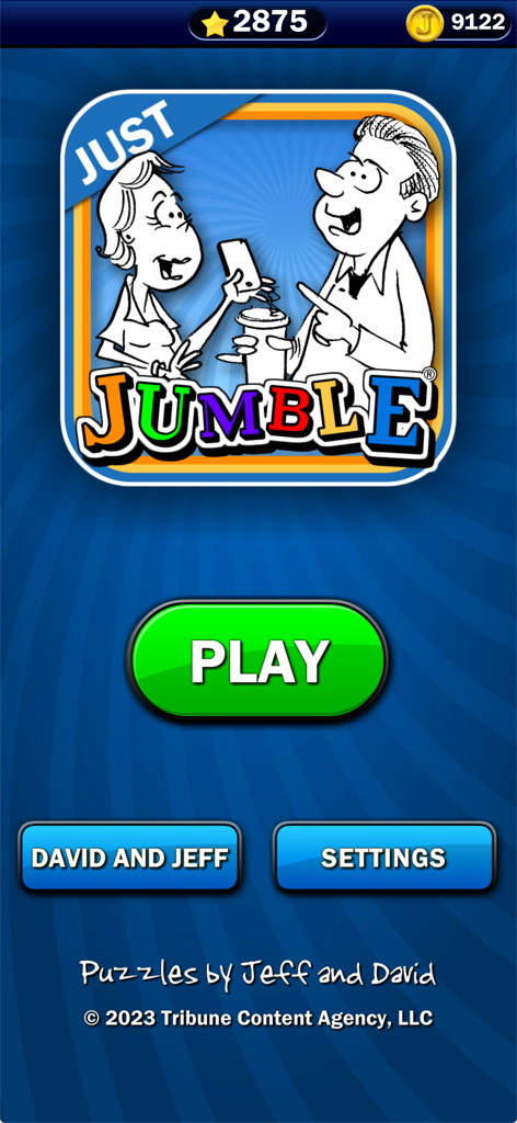 Main menu screen of the Just Jumble word puzzle game featuring a green play button and a classic newspaper style cartoon