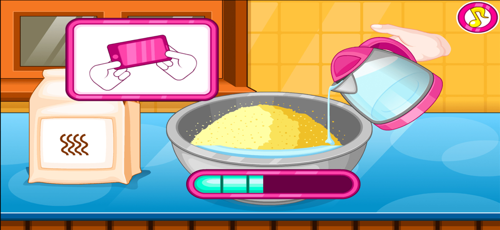 Cooking Games Baking Lasagna - Pouring water from a pink kettle into a bowl in a lasagna cooking game