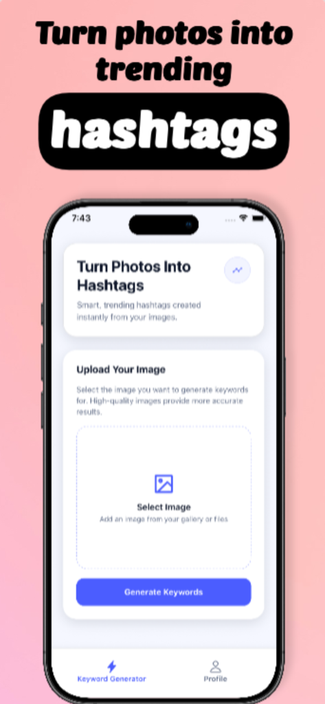 TopFollow: AI Popular Hashtag - Mobile app interface for TopFollow showing how to turn photos into trending hashtags using AI