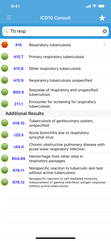 ICD10 Consult app interface showing search results for respiratory tuberculosis with corresponding diagnostic codes