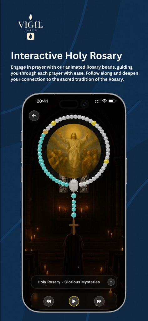 Vigil Faith - Catholic Bible - Interaktive Funktion des Heiligen Rosenkranzes in der Vigil Faith App mit animierten Gebetsperlen.