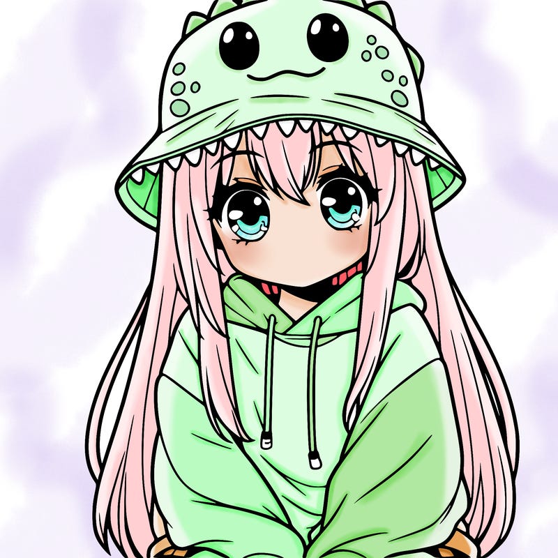 girl with anime shaped eyes with a dinosaur bucket hat oversized sweatshirt long straight hair