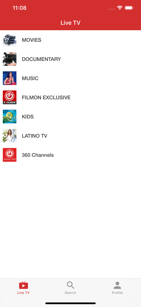 FilmOn Live Television - FilmOn Live Television app interface showing a list of channel categories like movies documentary and kids