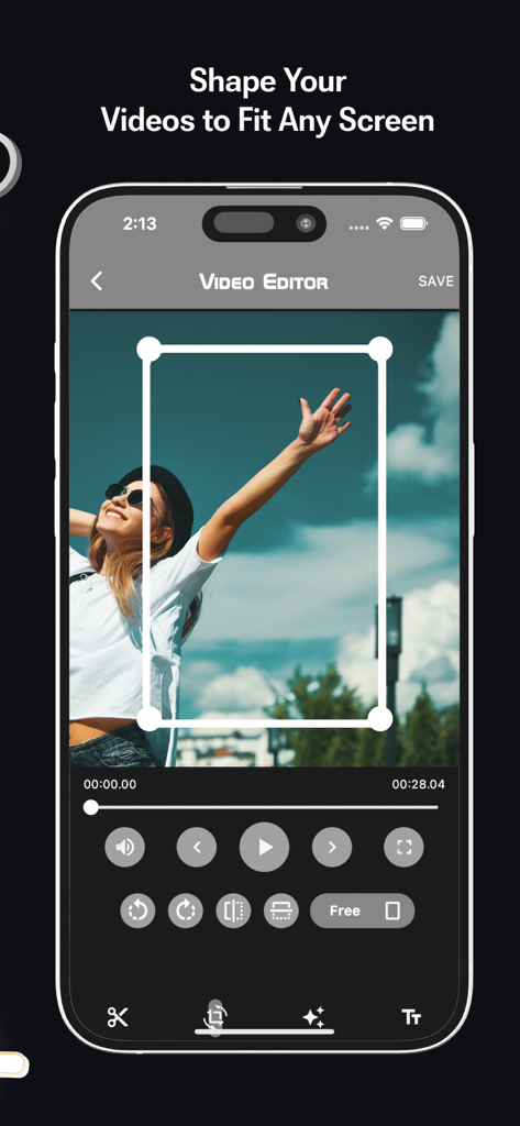 Black Ball 2025 video editor interface showing a tool to crop and shape videos for any screen