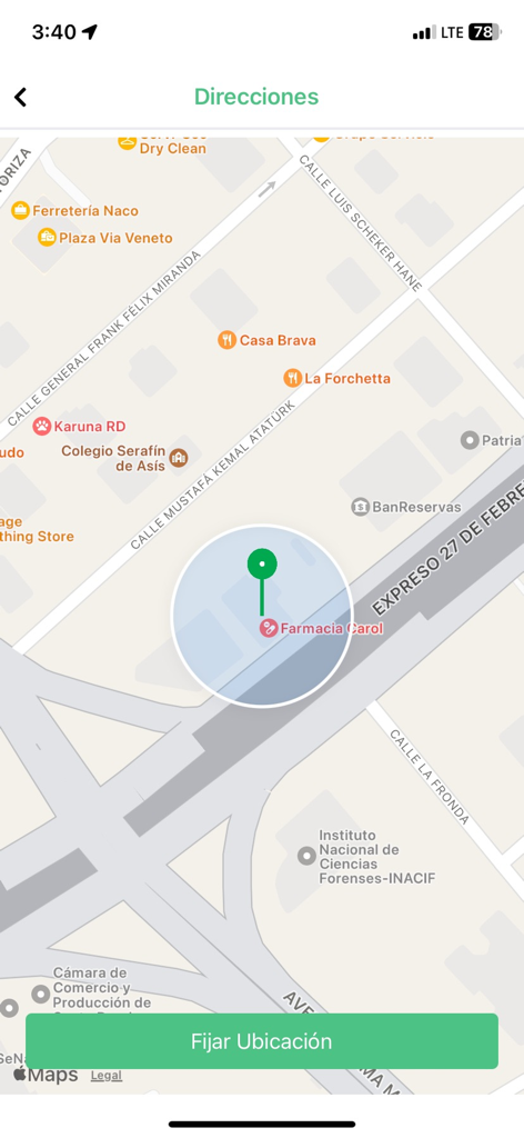 Carol App - Interfaz de mapa de Carol App que muestra la ubicación de una sucursal de Farmacia Carol con un botón para establecer la ubicación.