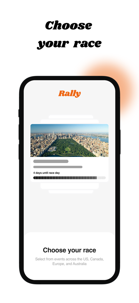 Rally: Voice Notes on Race Day - Rally mobile app interface for choosing a running race event featuring an image of Central Park NYC