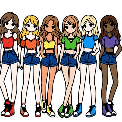 a group of girls wearing crop tops and shorts