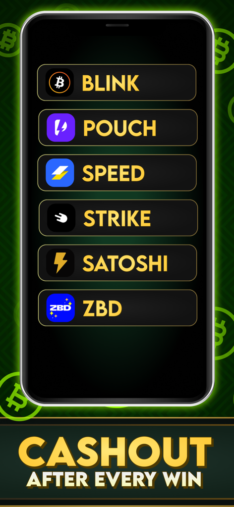 Mobile app interface listing Bitcoin wallet options for instant cashouts after winning matches.