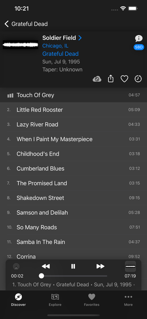 Live Music Archive - Live Music Archive app interface displaying a Grateful Dead concert setlist from July 9, 1995 at Soldier Field.